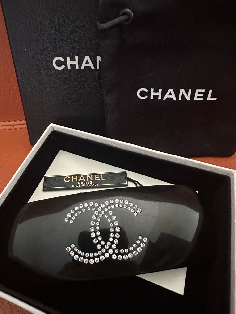 CHANEL 08A Black Acrylic Rhinestone CC Logo Hair Barrette Clip